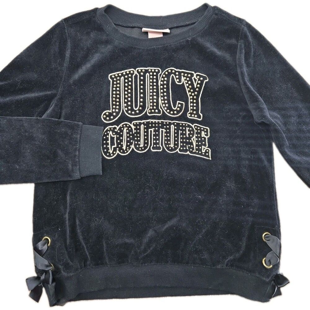 Juicy Couture Velour Black Pullover Sweater Girl's Size 8-10 Youth Y2K  Bow Trim